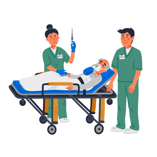 pomoc na odyżuchach, ratownicy pomagający staremu pacjentowi na noszach. płaska kreskówka ilustracja wektorowa - emergency room illustrations stock illustrations