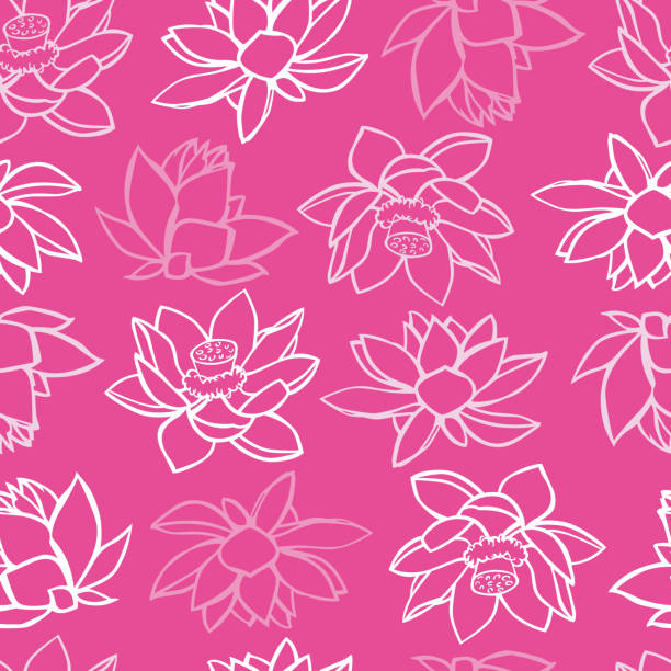 Vector pink monochrome lotus tropical flowers water lily outlines simple repeat pattern. Suitable for textile, gift wrap and wallpaper. Vector pink monochrome lotus tropical flowers water lily outlines simple repeat pattern. Suitable for textile, gift wrap and wallpaper. Surface pattern design. vesak day stock illustrations