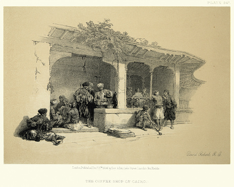 Vintage illustration of The Coffee shop of Cairo, Egypt, Victorian 19th Century by David Roberts.
