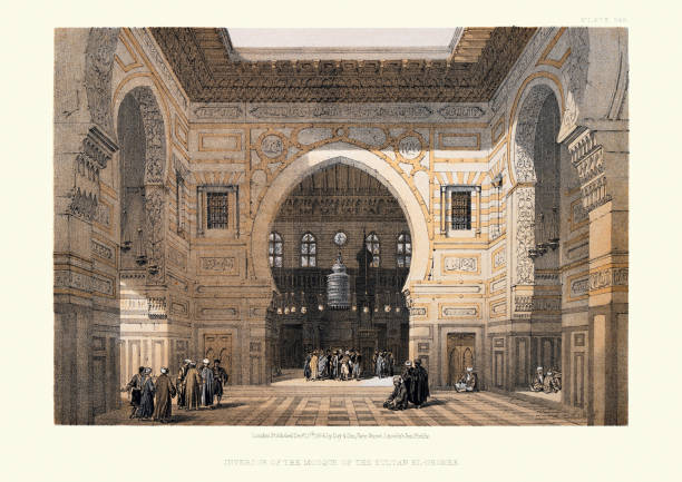 illustrations, cliparts, dessins animés et icônes de intérieur de la mosquée du sultan el-ghoree, complexe sultan al-ghuri, le caire, égypte, 19ème siècle victorien par david roberts - egypt islam cairo mosque