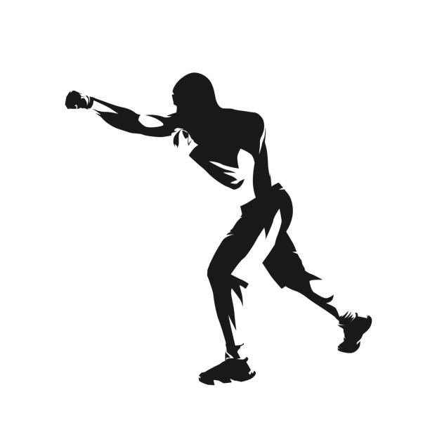 ilustraciones, imágenes clip art, dibujos animados e iconos de stock de atleta luchador de boxeo, silueta vectorial aislada, vista lateral - mixed martial arts combative sport boxing kicking