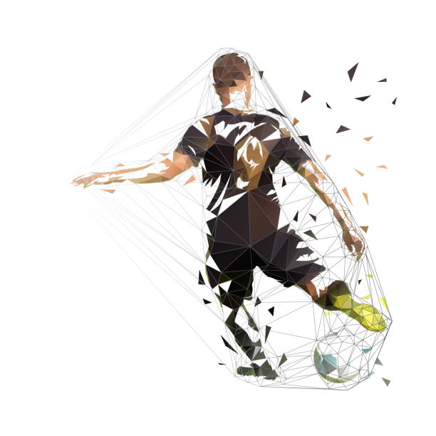 piłkarz w czarnej koszulce kopiący piłkę, abstrakcyjny rysunek wektorowy low poly. piłka nożna, izolowana geometryczna kolorowa ilustracja - origami action vector design stock illustrations