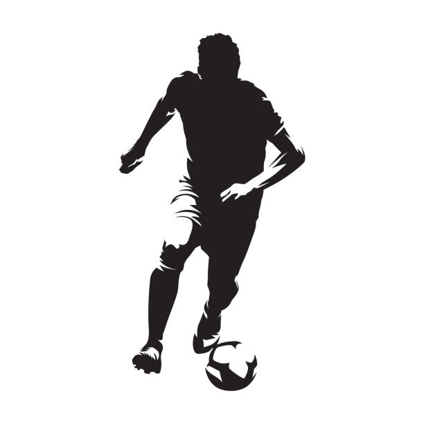 Soccer player running with ball, isolated vector silhouette, front view footballer vector art illustration
