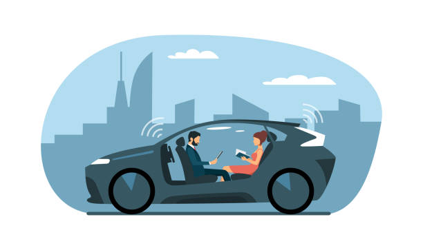 ilustraciones, imágenes clip art, dibujos animados e iconos de stock de coche autónomo con un hombre y una mujer recorre la ciudad. ilustración vectorial. - automóvil sin conductor