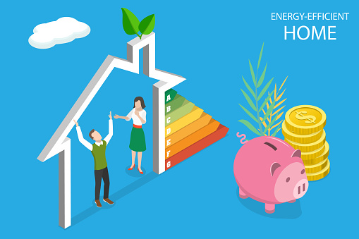 3D Isometric Flat Vector Conceptual Illustration of Energy-Efficient Home, Eco Friendly House Diagram