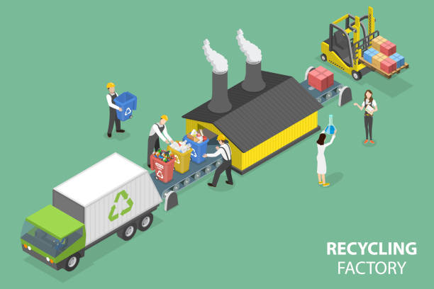 3d isometric flat vector conceptual illustration of recycling factory - atık yönetimi stock illustrations