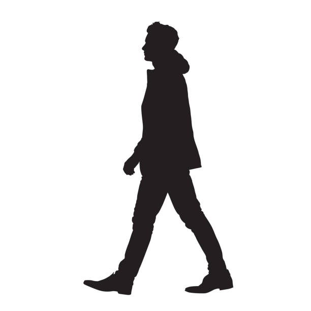 ilustraciones, imágenes clip art, dibujos animados e iconos de stock de hombre caminando hacia adelante, silueta vectorial aislada, vista lateral - white background looking caucasian one person