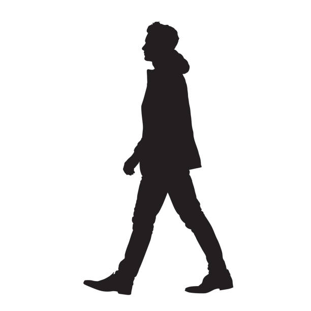 ilustrações de stock, clip art, desenhos animados e ícones de man walking forward, isolated vector silhouette, side view - businessman computer icon white background symbol