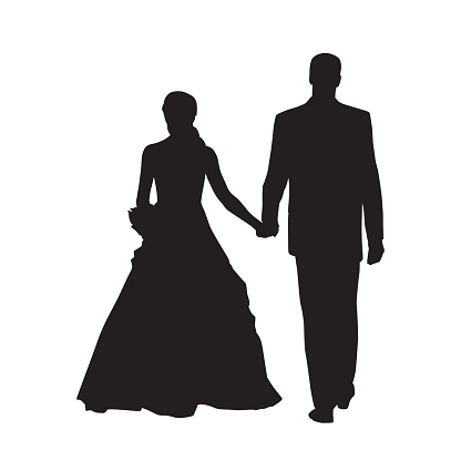 Wedding, husband and wife walking together, isolated vector silhouette