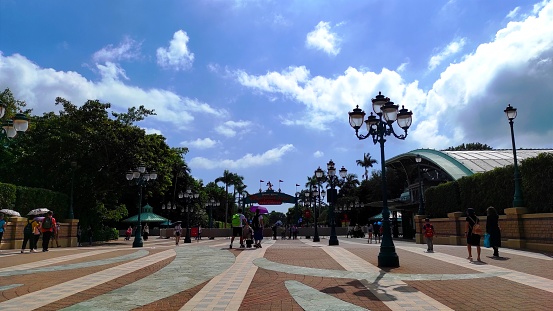 Hong Kong, November 2021 : View in front of the Hong Kong Disneyland resort entrance. Hong Kong Disneyland