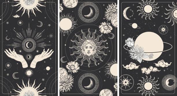 illustrations, cliparts, dessins animés et icônes de dessin magique du soleil avec un visage. carte de tarot, illustration astrologique. - lune