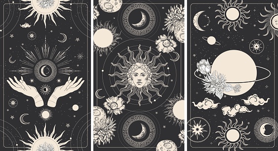 Magic drawing of the sun with a face. Tarot card, astrological illustration. Sun, moon and planets on a black background among the stars. Engraving. Set of black banners.
