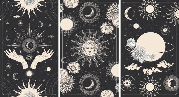 Magic drawing of the sun with a face. Tarot card, astrological illustration. Magic drawing of the sun with a face. Tarot card, astrological illustration. Sun, moon and planets on a black background among the stars. Engraving. Set of black banners. tarot cards stock illustrations