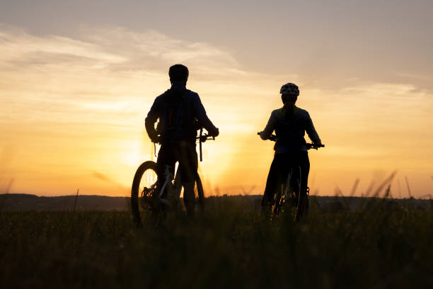 istock Silhouette of couple with bicycle on field 1353428452
