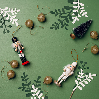 christmas gift backgrounds still life from above overhead 
Table top shot flat lay. Photo taken in studio light. Green background