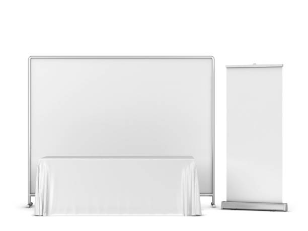 istock Blank tradeshow tablecloth with backdrop and rollup banners mockup 1353429495