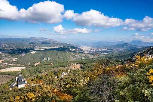 Alcoy or Alcoi village aerial view from La Font Roja Natural Park in Alicante Province of Spain