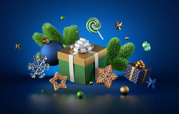 istock 3d render. Levitating Christmas ornaments, gift box, green spruce, isolated on dark blue background. Winter holiday greeting card, horizontal New Year wallpaper 1353430180