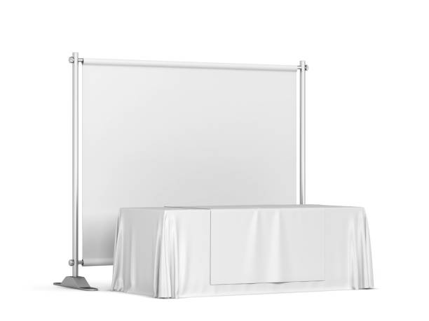 istock Blank tradeshow tablecloth with runner and backdrop banner mockup 1353430887