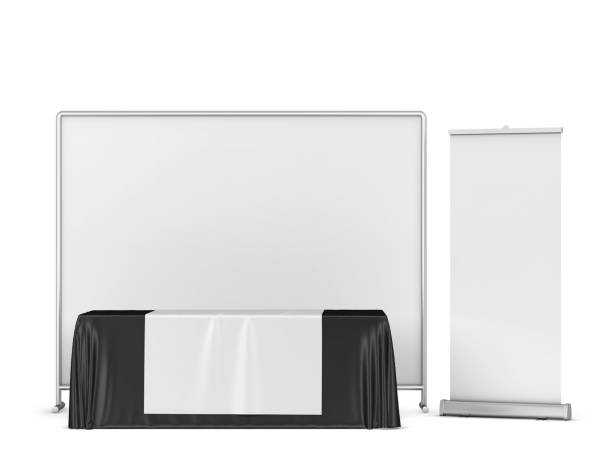 istock Blank tradeshow tablecloth with backdrop and rollup banners mockup 1353430903