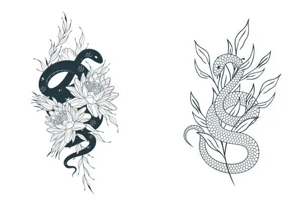 Vector illustration of Hand drawn twisted snakes with water lilies and branches. Mystical floral serpent set in vintage style  for tattoo, covers,  t-shirt design, fabrics, notebooks and coloring pages.