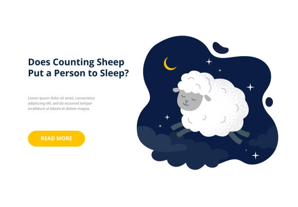 침대 개념 전에 양을 계산합니다. 밤 하늘에 재미있는 작은 양. 배너, 방문 페이지에 대한 벡터 플랫 일러스트레이션. - sleep stock illustrations