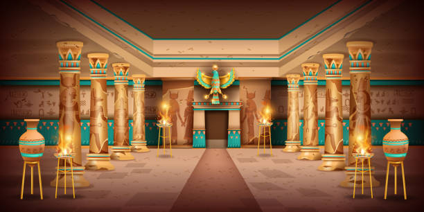 Egypt temple game background, vector ancient pharaoh pyramid tomb interior, old stone column, vase. History religion palace room, god silhouette, wall hieroglyphs. Egypt temple hall, colonnade, fire egypt palace stock illustrations