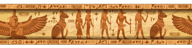 illustrations, cliparts, dessins animés et icônes de bordure en pierre d’égypte, ornement en papyrus vectoriel sans couture, silhouette de dieu, chat houx, contour de hiéroglyphes muraux. - hiéroglyphes