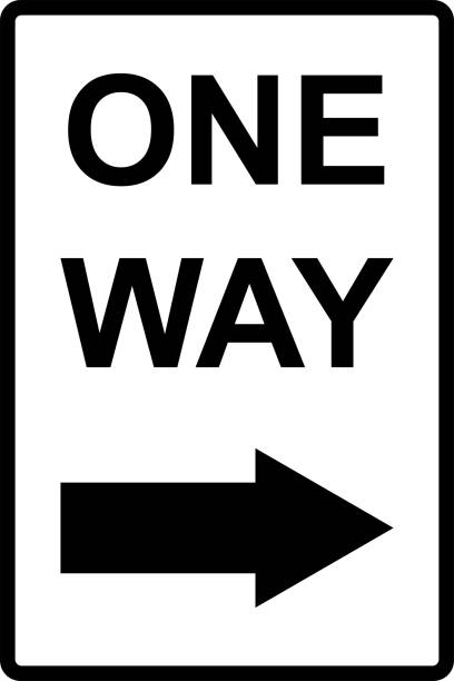 One way text with right arrow sign. One way text with right arrow sign. Black on white background. Directional signs and symbols. one way stock illustrations