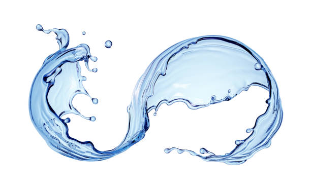 istock 3d render, dynamic blue water jet, wavy spherical splash clip art isolated on white background. Twisted liquid shape, splashing wave 1353437583