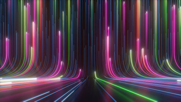 istock 3d render, neon background with glowing lines. Colorful spectrum laser rays 1353437625
