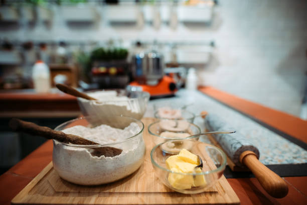 istock Group of baking ingredients preparing on the table top in the kitchen 1353437816
