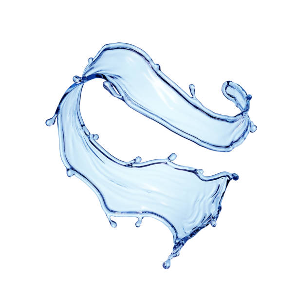 istock 3d render, pure blue water splash, wavy jet, clip art isolated on white background. Twisted liquid shape, splashing wave 1353438420