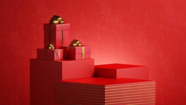 istock 3d render. Red background with Christmas gift boxes, empty showcase for product presentation. Holiday sale 1353438533