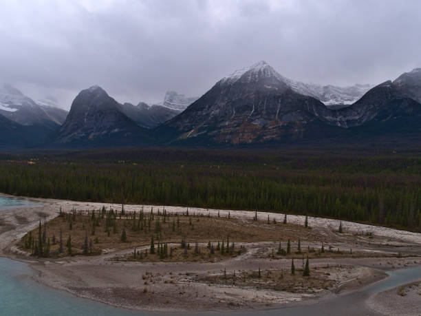 istock Panoramic view of Athabasca River Valley in Jasper National Park, Canada near Icefields Parkway on cloudy day in autumn with the snow-capped peaks of the Rocky Mountains. 1353438630