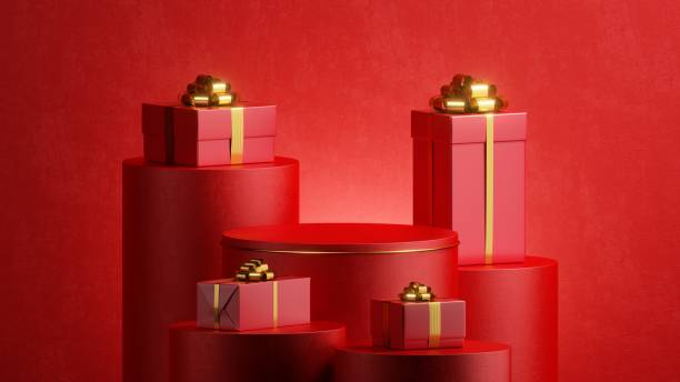 istock 3d render, abstract red festive background. Stack of Christmas gift boxes with golden ribbon bows. Showcase scene with empty stage podium for product presentation. Holiday sale 1353438717