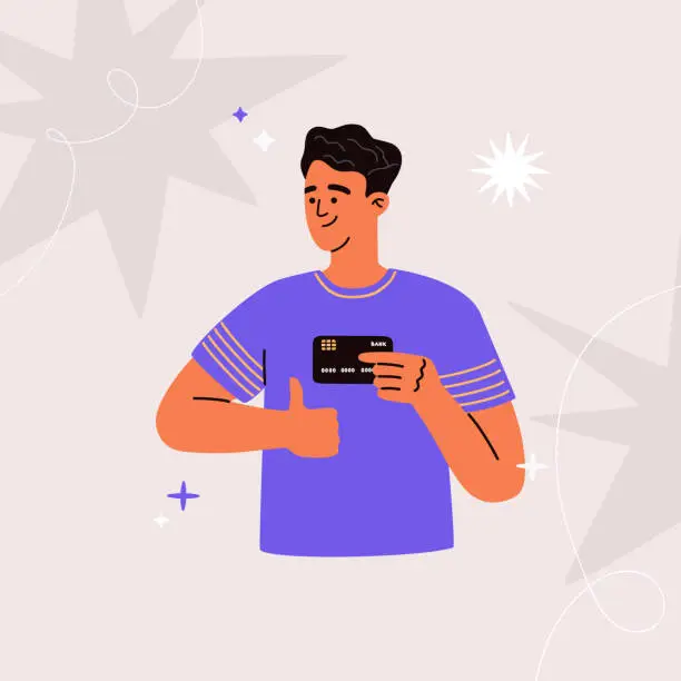Vector illustration of Young boy holding a credit card. Secure electronic payment, transfer money, virtual banking service