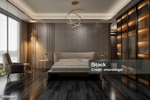 Elegant Bedroom Interior With Double Bed Night Tables Armchair And Seaview Through Window Stock Photo - Download Image Now