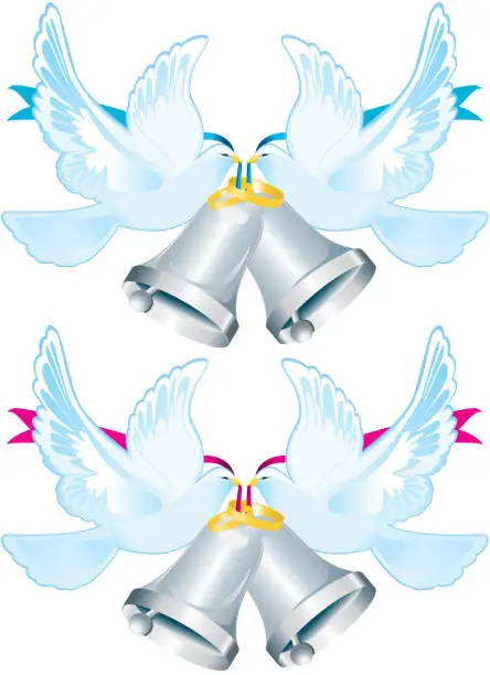 Vector illustration of White Wedding Doves with Rings and Silver Bells, Lovebirds