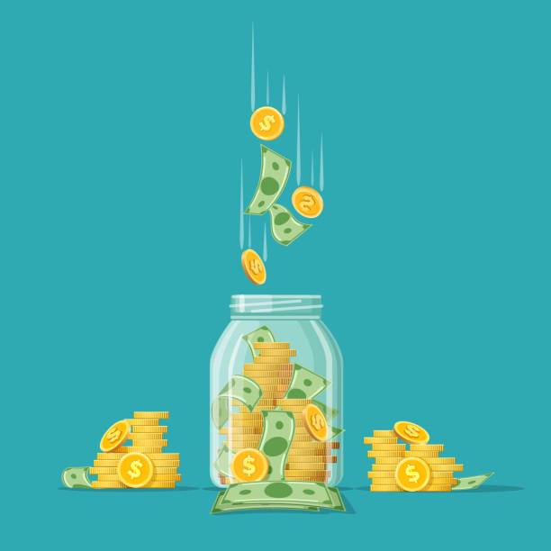 ilustraciones, imágenes clip art, dibujos animados e iconos de stock de frasco de monedas de dinero - jar coin currency glass