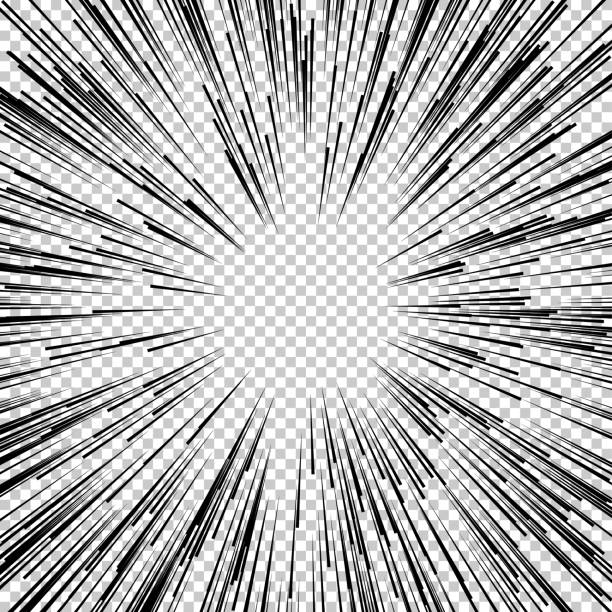 błysk eksplozji promieniowe linie w stylu komiksu lub mangi wyizolowane na przezroczystym tle. wektorowe czarne paski świetlne pękają - using voice flash stock illustrations