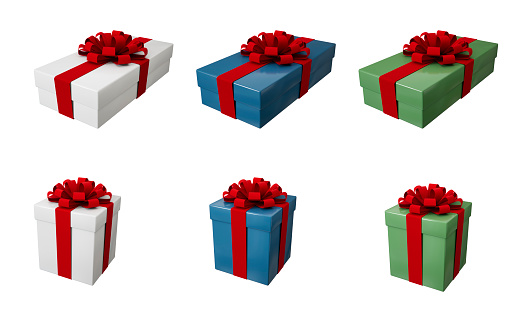 Multiple variations of Christmas gift boxes with red bows isolated on a white background with clipping path.