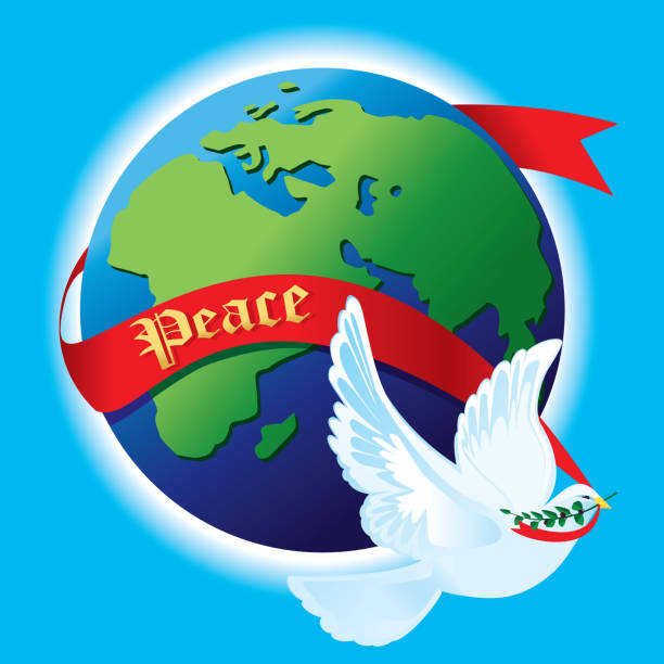 Peace on Earth, Dove, Globe Ribbon and Olive Branch White dove with an olive branch and ribbon. The ribbon circles around the earth. The ribbon say "Peace" on it. dove earth globe symbols of peace stock illustrations