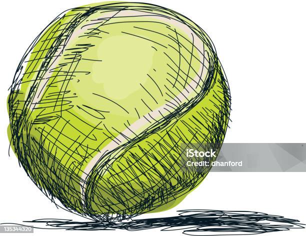 Теннисный Мяч Руки Drawn Эскиз Рисунок Пером И Тушью Стиль — стоковая векторная графика и другие изображения на тему Теннисный мяч
