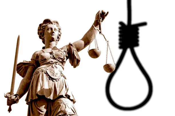 The goddess of justice "Justitia" with a stylized rope as a symbol of the death penalty