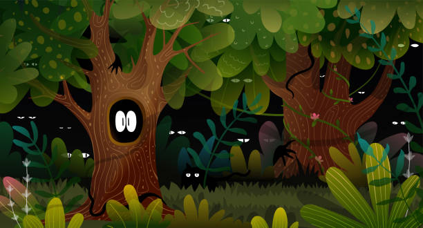 ilustraciones, imágenes clip art, dibujos animados e iconos de stock de spooky forest fairytale scary eyes en la oscuridad - book magic picture book illustration and painting