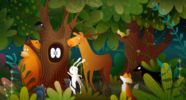 ilustraciones, imágenes clip art, dibujos animados e iconos de stock de bosque espeluznante encantado por la noche con animals tale - book magic picture book illustration and painting