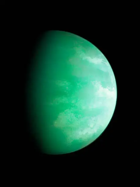 Green exoplanet in deep space. Earth-like planet in far cosmos. Amazing alien world.