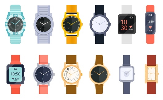 Flat modern, classic and luxury wrist watches with bracelet. Smart watch, accessory hand clock for men and women. Cartoon watches vector set. Different clockworks faces in silver or gold frames