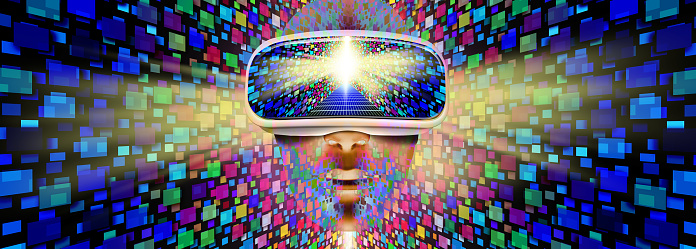 Metaverse virtual reality and internet futuristic streaming media symbol with VR technology and augmented reality as a computer media concept in a 3D illustration style.